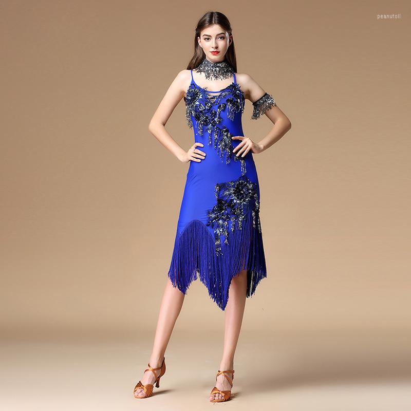 

Stage Wear 2023 Women Competition Clothes Fringes Sequins Costume Straps Dresses Salsa Ballroom Dance Latin Dress (with Necklace &, Black