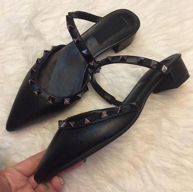 

2023 Women Shoes Square Heel 3cm Sandals With Rivets Black Nude Leather Rivet Women Shoes Pointed Toe Big Size 34-43 Logo Dustbag, 12