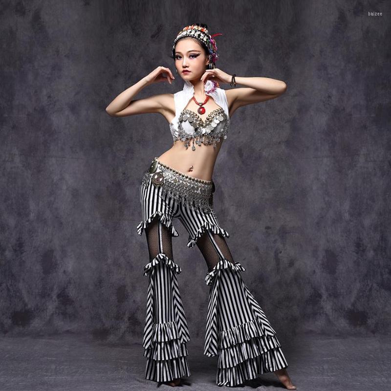 

Stage Wear Tribal Belly Dance Clothes 3pcs Outfit Sexy Lace Crop Tops Hip Belt And Pants Women Costume, Black
