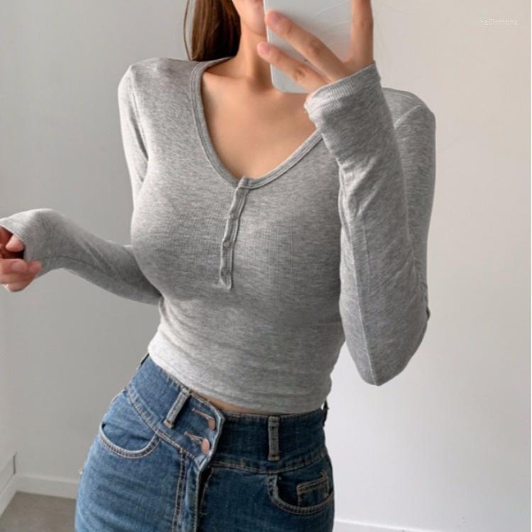 

Women's T Shirts GGRIGHT Button Tight Long Sleeve TShirt Short Grey V-neck Top Autumn 2023 Elastic Chest Sexy Korean Women Tees, Gray