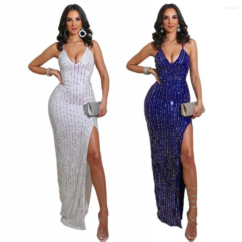 

Casual Dresses SKMY Sexy Backless Lace-Up Bandage Dress Spaghetti Strap V-Neck Split Sequin Nightclub Evening Party Long Women Clothing, White
