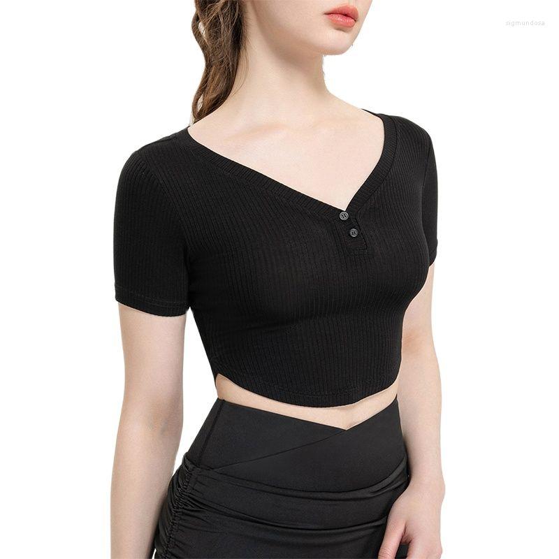 

Active Shirts 2023 Spring Yoga Crop Top Women Rayon Spandex Fabric Stretch Breathable Short Sleeves Deep V Neck Sport Shirt Workout, Black