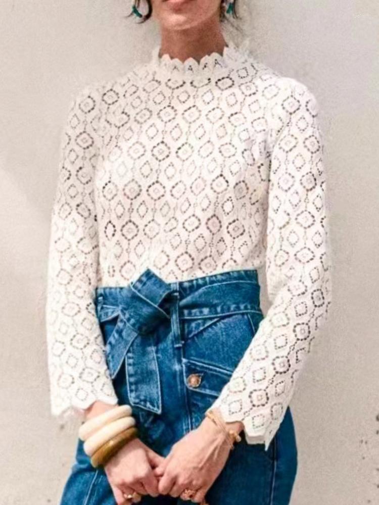 

Women' Blouses 2023 Autumn And Winter Solid Color Slight Lace Stand-up Collar Hollow Women Casual Long-sleeved Shirt, White