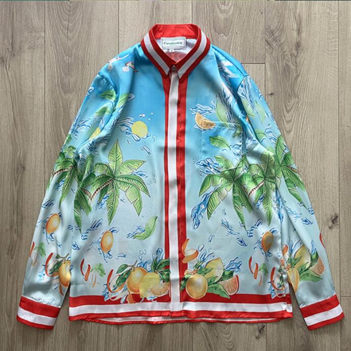 

Orange Print Shirt Men Women Quality Hawaii Beach Silk Shirts