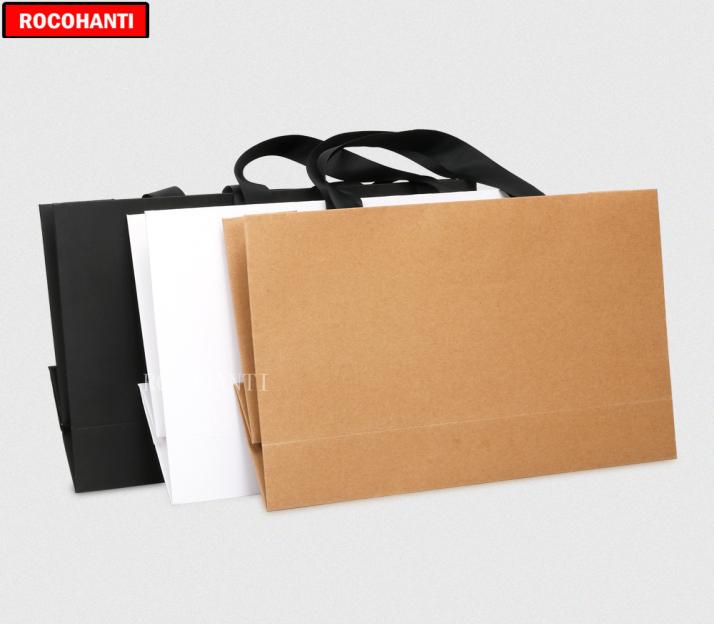 

50X Custom Paper Shopping Bag With Ribbon Handle for Clothing Gift Packaging 2009198077984, Brown