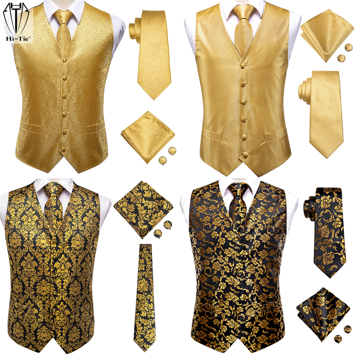 

Men' Vests Hi-Tie Luxury Silk Mens Gold Yellow Orange Waistcoat Jacket Tie Hankerchief Cufflinks for Men Dress Suit Wedding Business 230317, Mj-0008