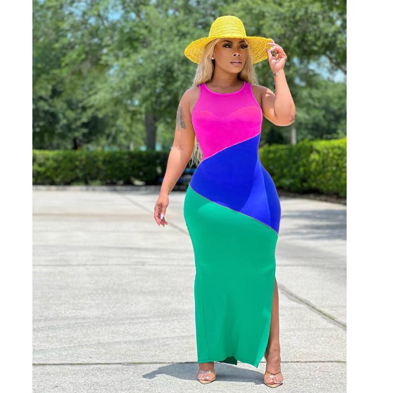 

Casual Dresses Women O-neck Sleeveless Colorblocked Patchwork Pencil Dress 2023 Side Split Party Club Bodycon Maxi Long DressCasual, Yellow