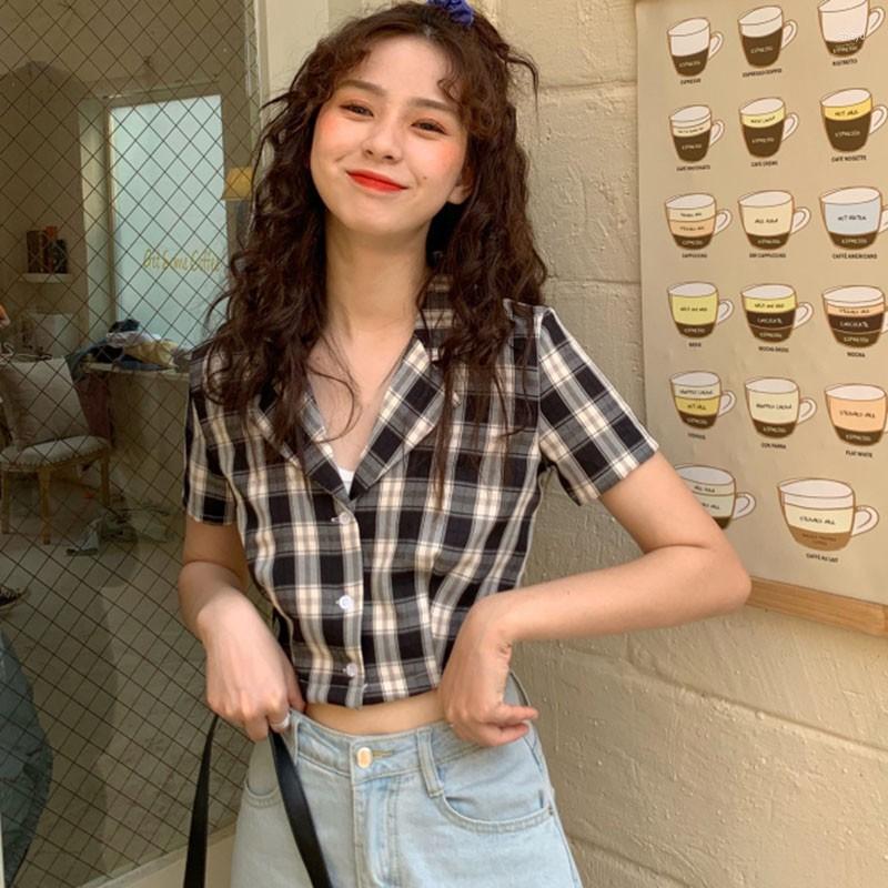 

Women's Blouses Summer Plaid Notched Collar Shirt Women Casual Short Sleeve Blouse Lady Exposed Navel Tops, Green