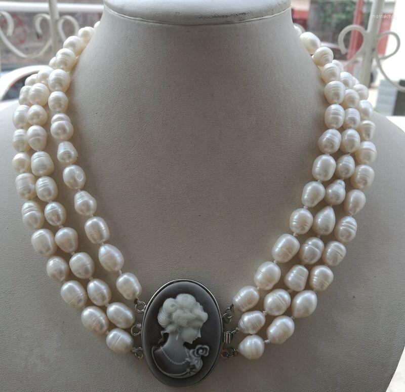 

Chains 3 Rows 9-11MM Natural White Pearl Necklace 18-20"