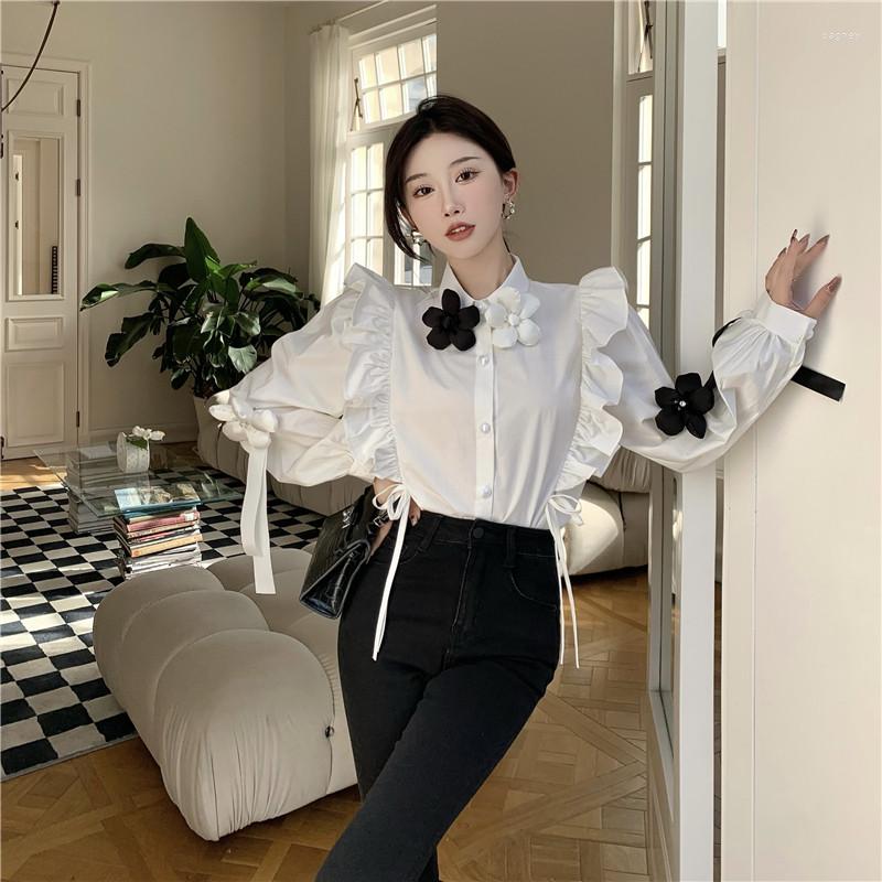 

Women's Blouses Spring Fall Fashion Women Black White Shirt Stand Collar Long Sleeve 3D Flower Top Blouse Elegant Ruffled Bottoming
