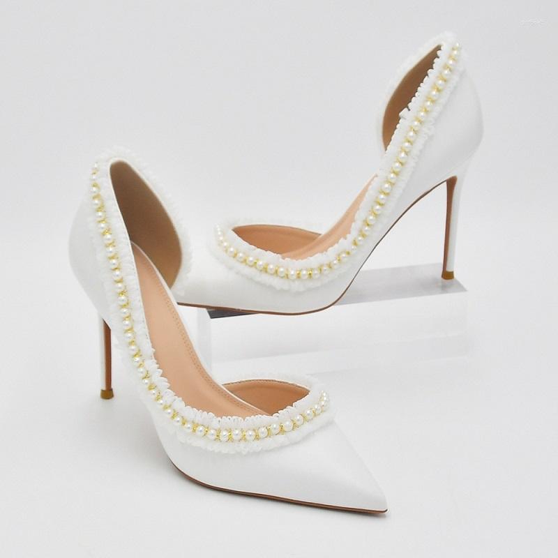 

Sandals Spring And Summer Style Side Hollow Pointed Lace Pearl Wedding Shoes Thin High-heeled Banquet Dress Large Female, Heel height 10cm