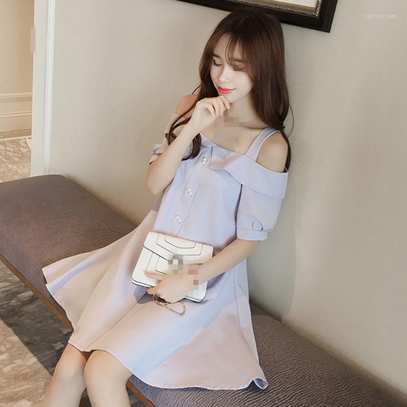 

Casual Dresses B1047 Wholesale 2023 Women Sweet Little Fresh Dew Shoulder A Word Sexy Collar Short Sleeve Dress Show Thin, Black