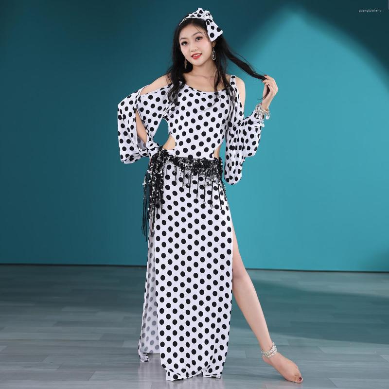 

Stage Wear Women Belly Dance Clothes Baladi Dress Saidi Elegant Dresses Wave Point Off Shoulder Sleeves Girls Folk Costume With Headband, Black