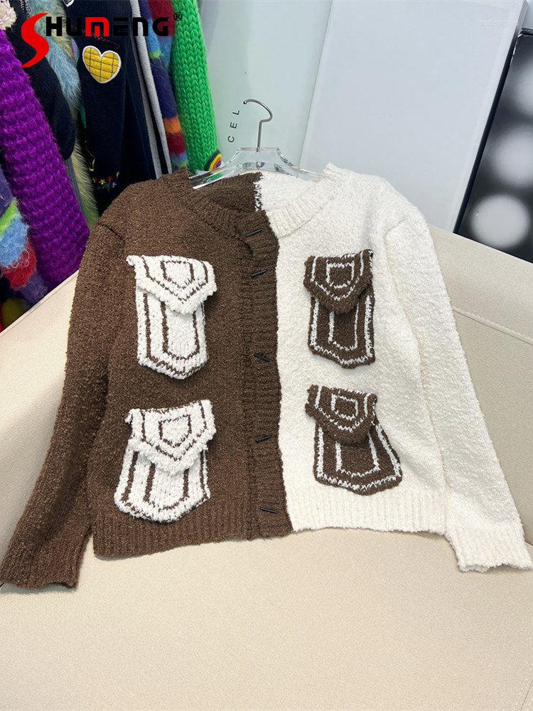 

Women' Knits Trendy Color Matching Personality Pocket Sweater Cardigan Coat Women' 2023 Fall Winter Fashion Classic Style Knitted Top, Picture color