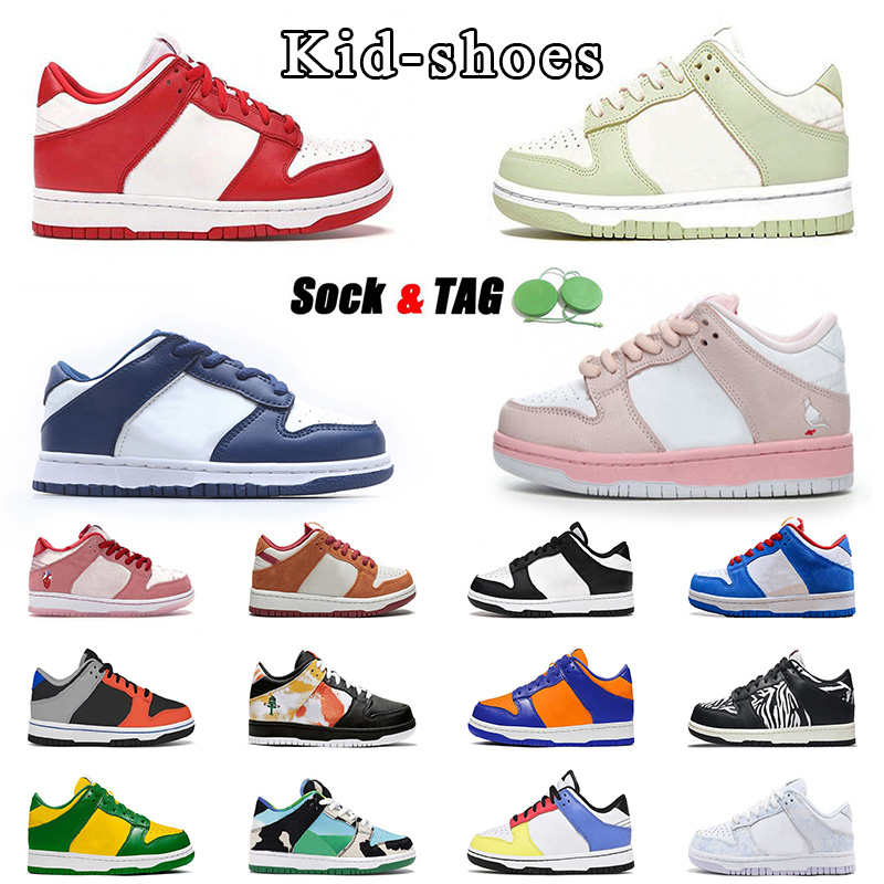 

original kids shoes retro black white panda kids designer champ colors dark blue lime ice pigeon pink men women kids sneakers outdoor running shoes raygum tie-bye red, Socks and tag