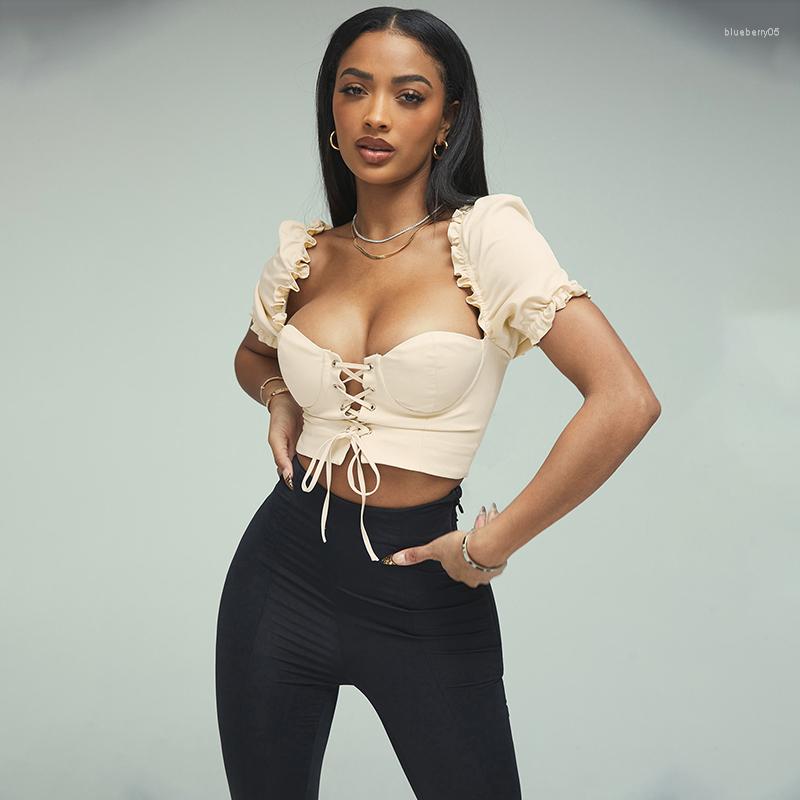 

Women' T Shirts 2023 Summer Fashion Women' Short-sleeved Square Neck Sexy Low-cut Umbilical Strap Solid Color T-shirt Women INS Style, Khaki