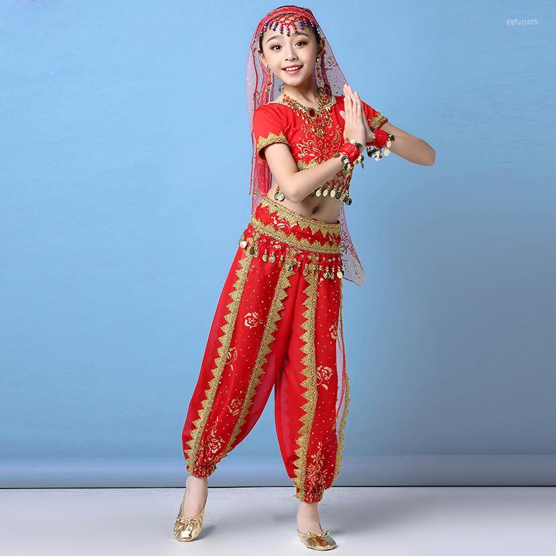 

Stage Wear 2023 Children Belly Dance Clothes Girls Outfits Bollywood Costume Set 5pcs (Top Belt Pants Sari Handband), Royal blue