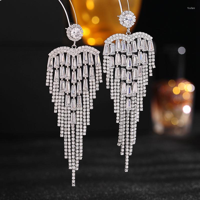 

Dangle Earrings Noble Tassel Style Super Flash Cubic Zirconia Paved Long Heart Evening Party For Women Wedding Bride Jewelry