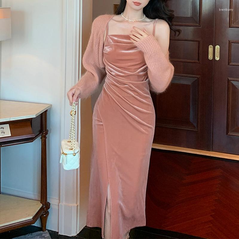 

Casual Dresses JulyPalette Chic Ladies High Waist Folds Spaghetti Strap Dress 2023 Sexy Women Corduroy Split Party Bodycon Clothes, Pink