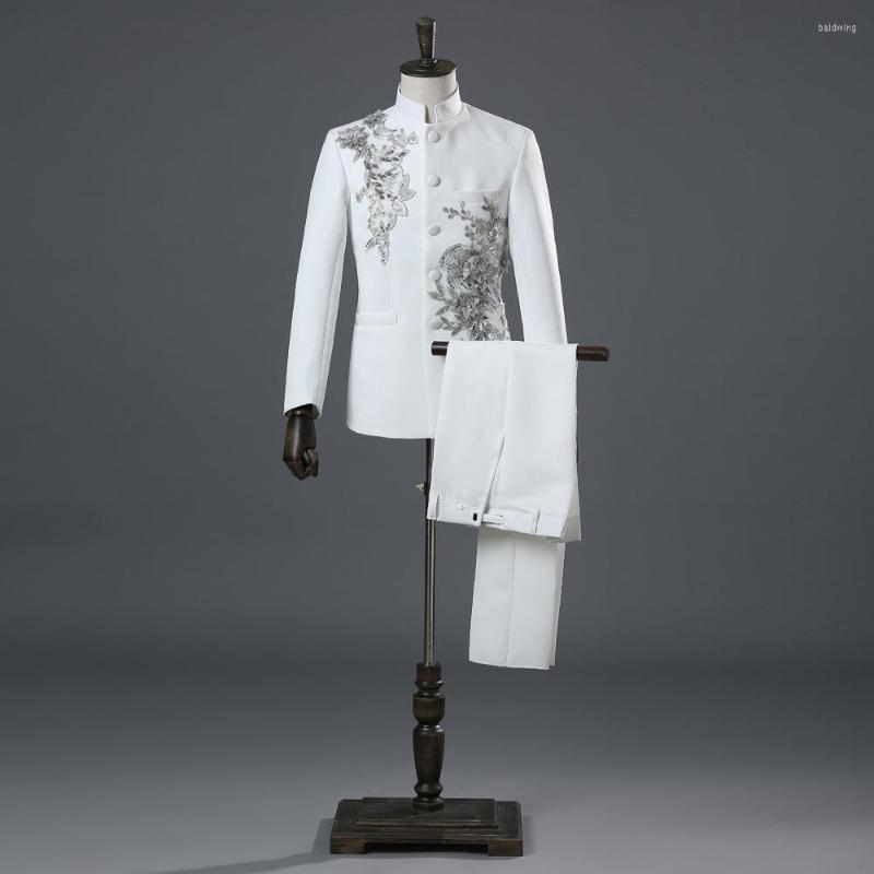 

Men' Suits Four Colors Stand Collar Double-side 3D Crystal Embroidery Flowers Jacket Tide Bar Mens Wedding Blazer Masculino, Picture shown