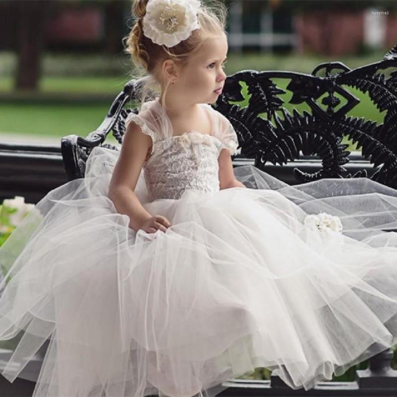 

Girl Dresses Cute White Strap Tulle Lace Flower Girls Dresse Off Shoulder Floor Length Backless Little Dress For Weddings First Communi, Multi
