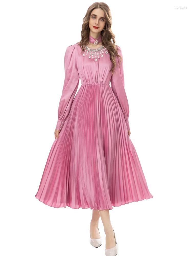 

Casual Dresses Designer Fashion Elegant Autumn Women' O-neck Diamond Gorgeous Long Sleeve Pleated Party High Quality Midi Dress, Gray