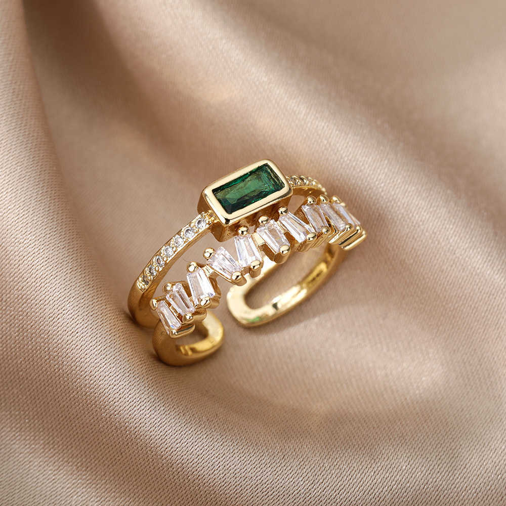 

Band Rings Double Layer Irregular Zircon Rings For Women Open Stainless Steel Green Crystal Finger Ring Boho Jewelry Valentines Day Gift G230317