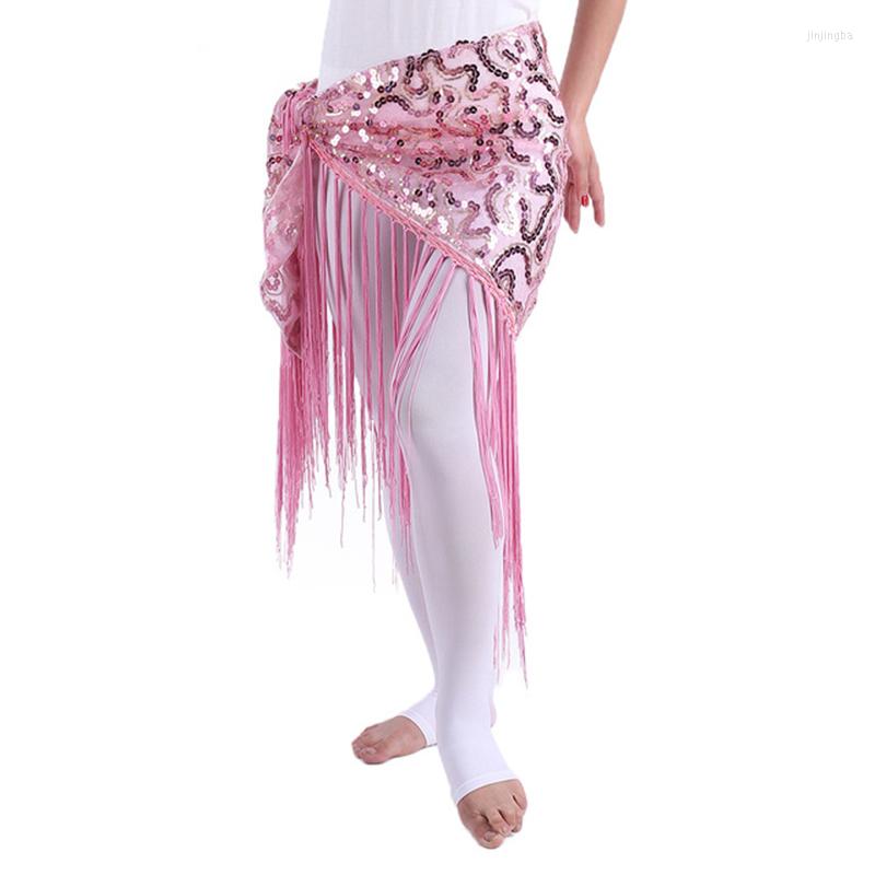 

Stage Wear Belly Dance Clothes Women Dancewear Long Fringe Hand Crochet Triangle Belt Hip Scarf Sequins, Pink