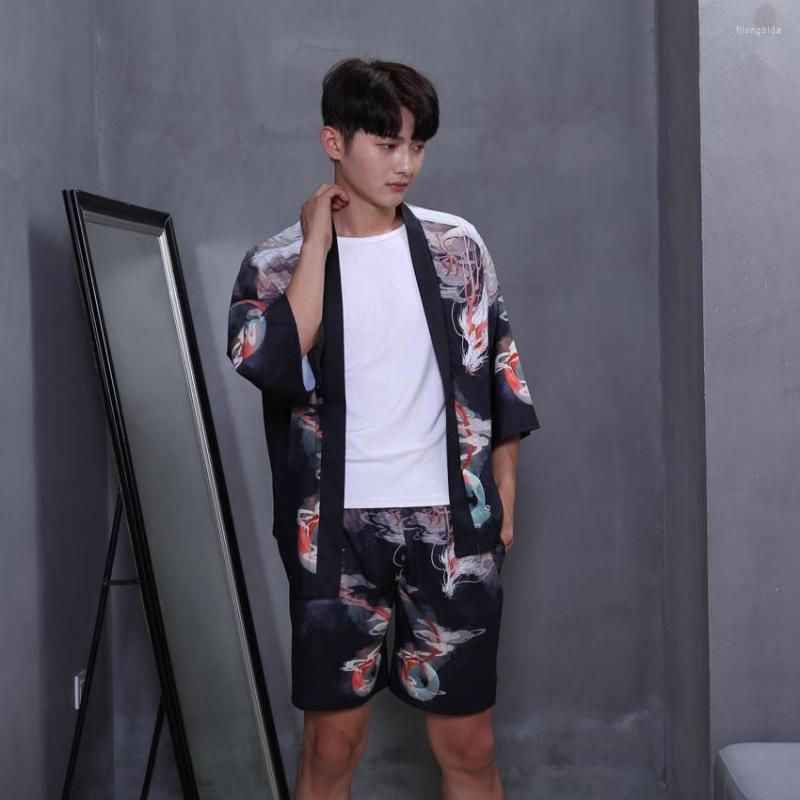 

Ethnic Clothing Saurai Man Japanese Cardigan Haori Harajuku Ukiyo-e Print Retro Dragon Summer Beach Wear Coat Shorts Woman Kimono Set