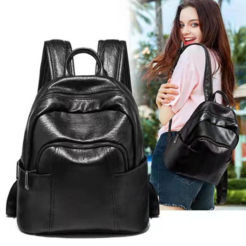 

School Bags 2023 Soft Leather Backpack Women's Korean Version Simple And Versatile Casual Ladies Large Capacity, Black