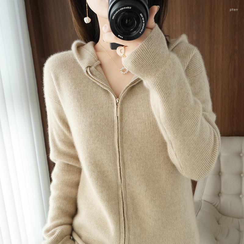 

Women's Knits BELIARST Spring And Autumn Pure Wool Cardigan Women's Hooded Collar Sweater Self-cultivation Warm Knitted Jacket, Light camel