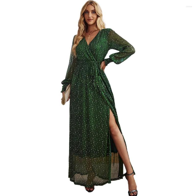 

Casual Dresses 2023 Fashion Evening Party Women Long Sleeve Maxi Dress Female Lace Up Ladies Elegant Sexy V Neck Woman Robe, Silver