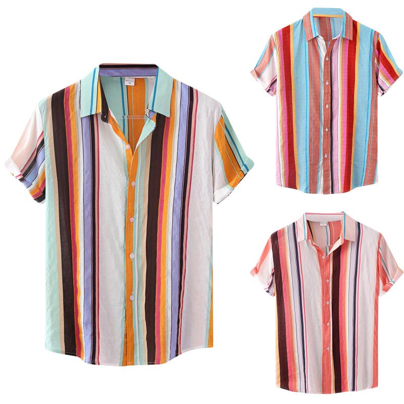 

Men's Casual Shirts Stripe Print Shirt Short Sleeve Single Breasted Turn-down Collar Blouse Cotton Linen, Bu