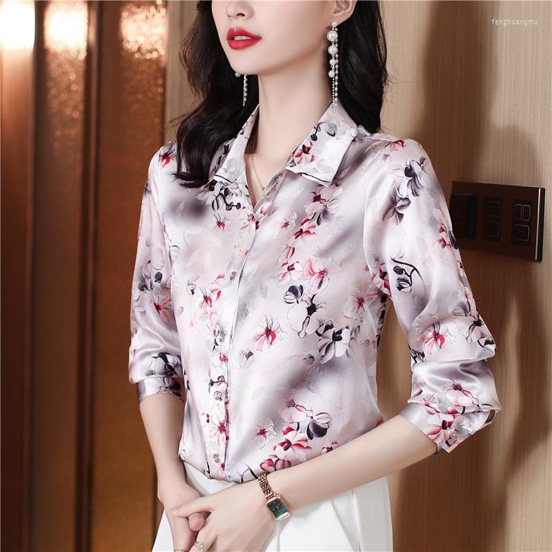 

Women' Blouses Korean Fashion Floral Printed Long Sleeve Women Shirt 2023 Autumn Design High-end Polo-neck Office Lady, Gray