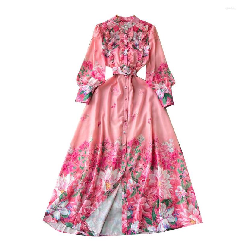 

Casual Dresses Ethnic Slim Long Sleeve Print Dress Spring Summer Women' Fashion Elegant Single Breasted Vestidos De Fiesta H966, Pink