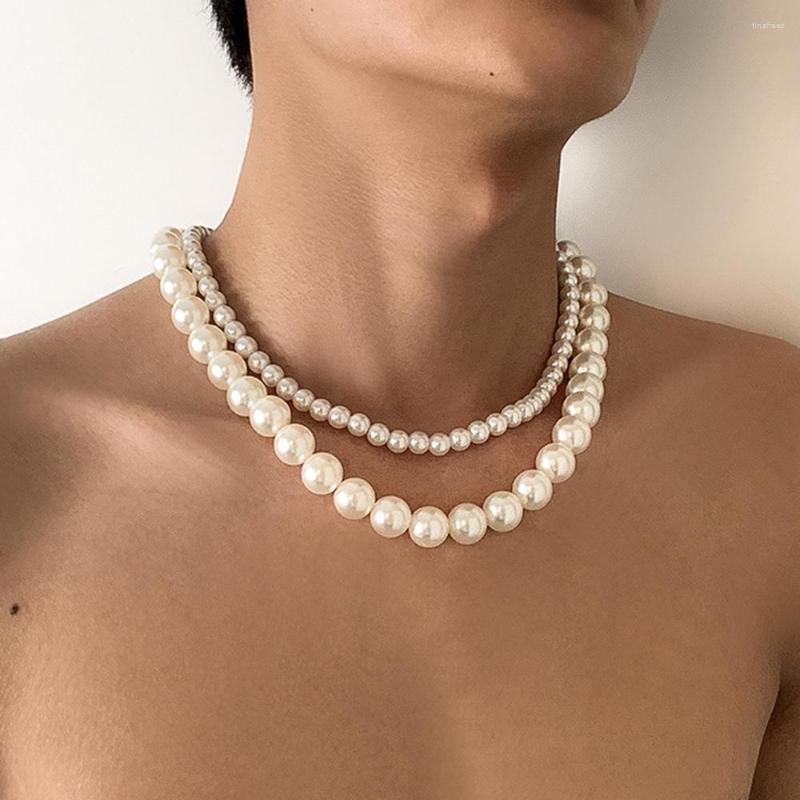 

Choker 2pcs/set Hip Hop Style Trendy Double Layered Big Pearl Necklace Man Temperament Simple Strand Bead For Men Jewelry Gift