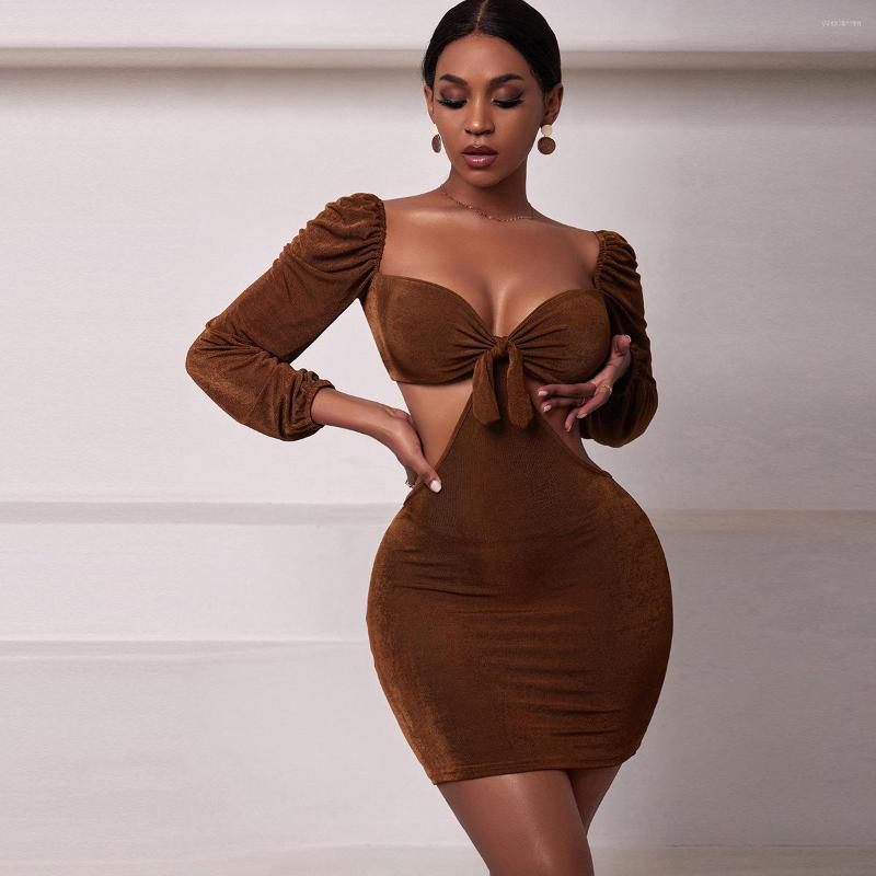 

Casual Dresses Winter Sexy V-neck Dress For Women Dark Brown Long Sleeve Chest Wrapping Bag-hip Twisted Knot Fashion Streetwear Vestidos