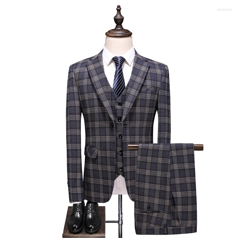 

Men's Suits Brand Spring And Autumn Men's Suit Set Plaid Three-piece Brown Gorgeous Jacket Vest Trousers Business Casual Men