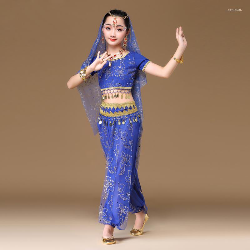 

Stage Wear Sari Dancewear Kids Outfits Bollywood Clothing Children Belly Dance Costume Set 4pcs (Top Belt Pants Veil), Royal blue