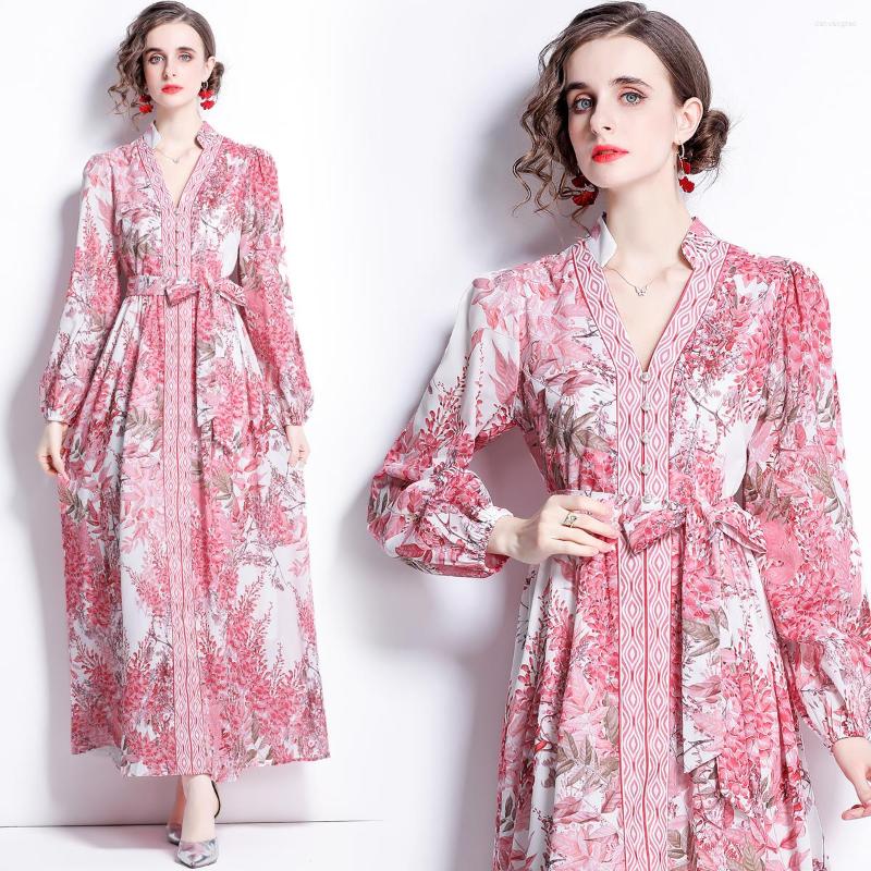 

Casual Dresses WTIANYUW High Quality Fashion Elegant 2023 Spring V Neck Women Single Breasted Belt Print Lantern Sleeve Maxi Dress, Sky blue