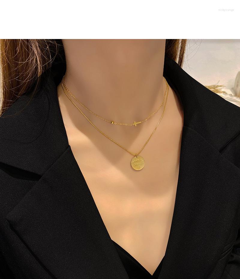 

Chains Colorful L Cross Round Letter Pendant Double Clavicle Chain Gold Color Choker Necklace For Women Girlfriend Party Jewelry Gift
