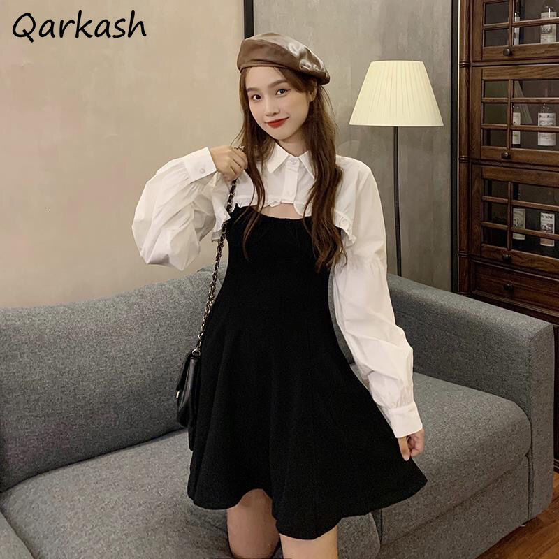 

Two Piece Dress Dress Sets Women Summer Long Sleeve Pure Color Mini Ulzzang Crop Top Design Fashion Ladies Slim Retro Party Ins ly 230316, Black