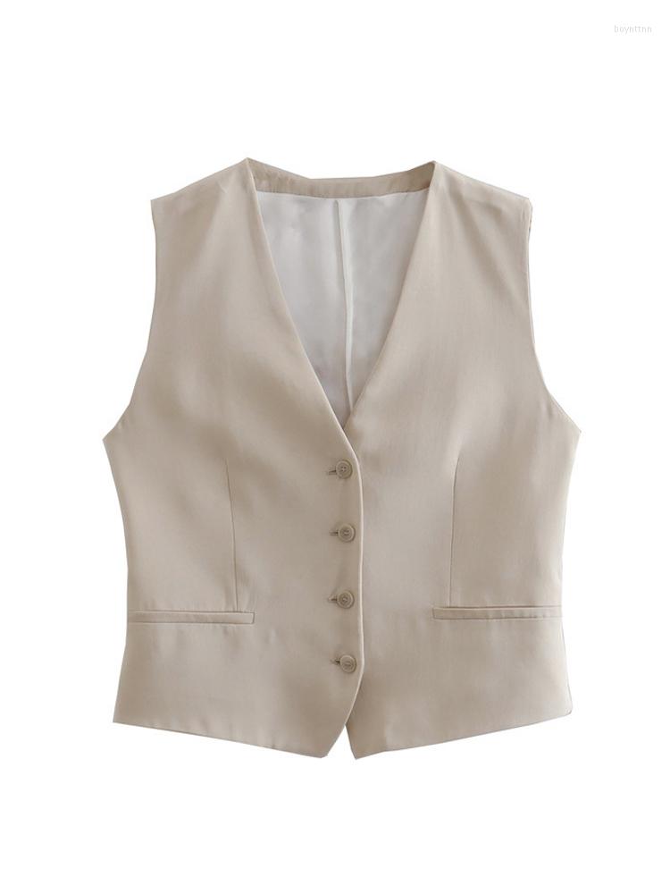 

Women's Vests 2023 Summer Women Casual Coats Solid V-Neck Single Breasted Pockets Female Elegant Sweet Street Waistcoats Clothes
