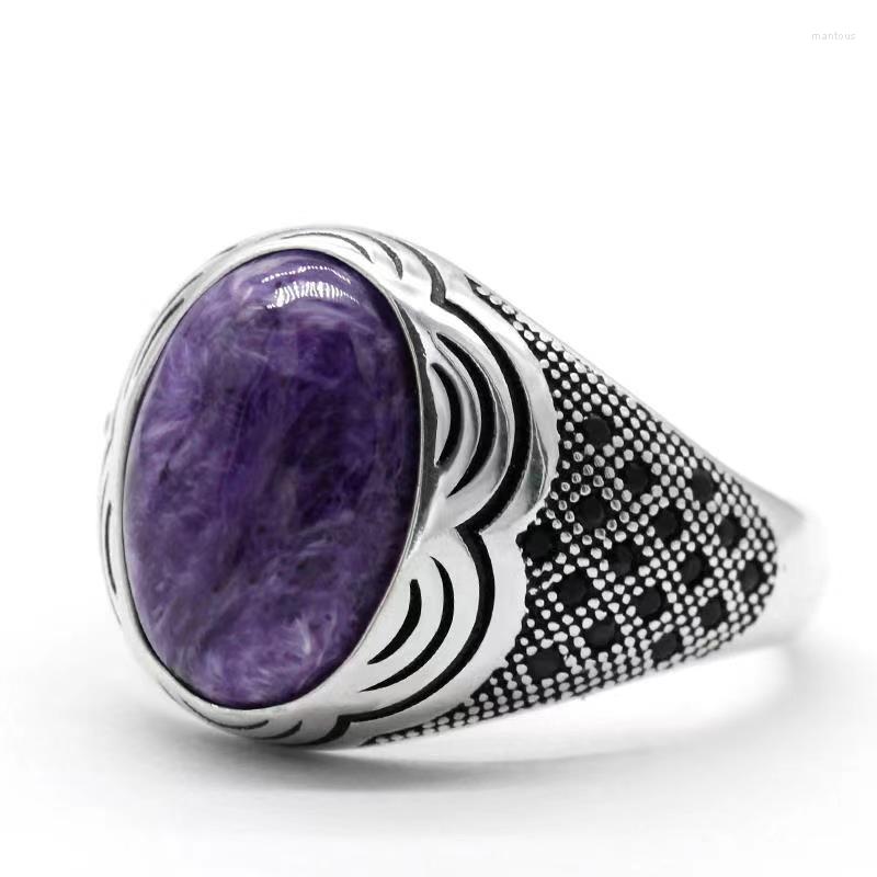 

Cluster Rings S925 Sterling Silver Inlaid Oval 14 10 Natural Purple Dragon Gemstone Men's Ring Turkish Jewelry