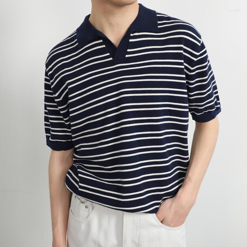 

Men's T Shirts Men's 2023 Summer V-Neck Ice Silk Black And White Striped Polo Shirt Short Sleeve Lapel T-Shirt, Blue
