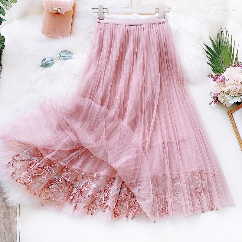 

Skirts 2023 Spring Summer Women Korea Long Tulle Skirt Sequined Pleated A Line Midi Chic High Waist Pink Female