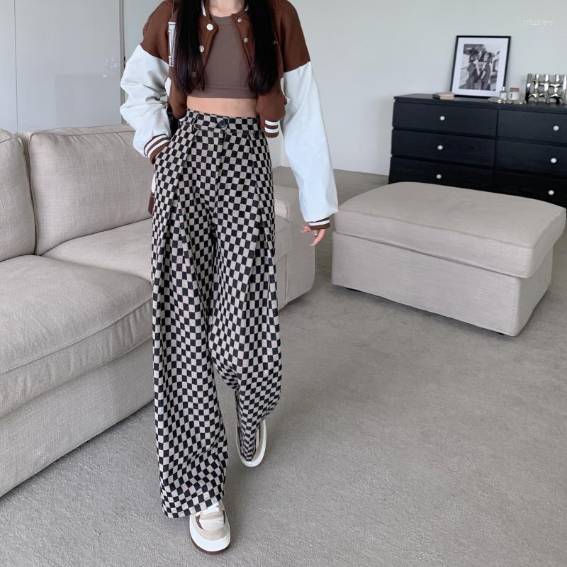 

Women' Pants Chic Spring Summer Casual Wide Leg For Women Streetwear Loose Plaid Lady Long Trousers
