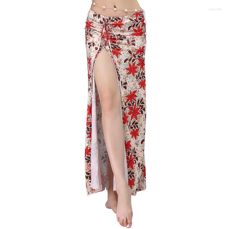 

Stage Wear Women Belly Dancing Clothes Ice Silk Long Skirts Wrapped Accessories Stretchy Dance Floral Printed Skirt Side Slit, Yellow maple leaf