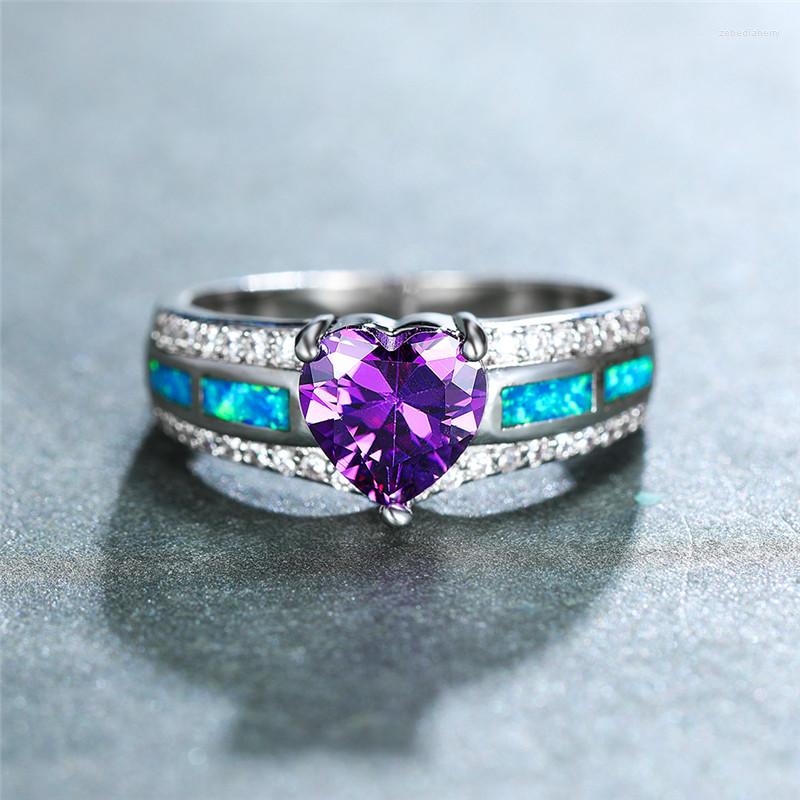 

Wedding Rings Elegant Female Blue Fire Opal Ring Charm Purple Crystal Heart Stone Engagement Vintage Silver Color For Women