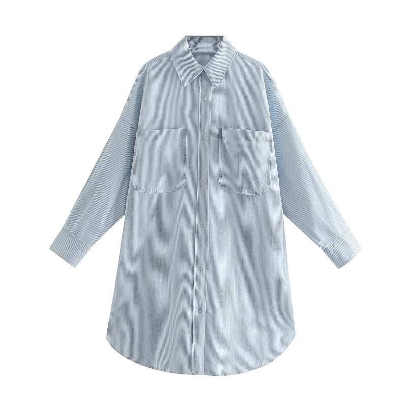 

Casual Dresses Women Striped Shirt Dress Long Sleeves Front Pockets Button-up Side Vents Chic Lady Short Woman Robe